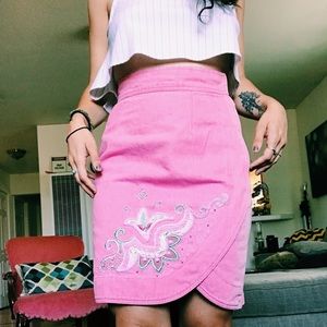 Vintage Pink Denim Embroidered Skirt